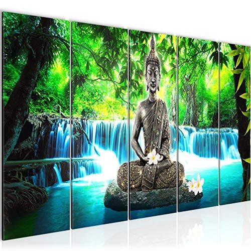 Bilder Buddha Wasserfall Wandbild 150 x 60 cm Vlies - Leinwand Bild XXL Format Wandbilder Wohnzimmer Wohnung Deko Kunstdrucke Blau 5 Teilig - MADE IN GERMANY - Fertig zum Aufhängen 503556b