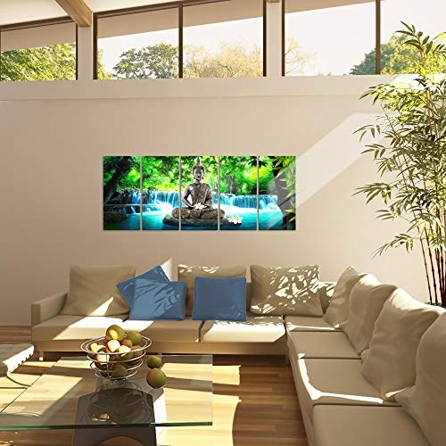 Bilder Buddha Wasserfall Wandbild 150 x 60 cm Vlies - Leinwand Bild XXL Format Wandbilder Wohnzimmer Wohnung Deko Kunstdrucke Blau 5 Teilig - MADE IN GERMANY - Fertig zum Aufhängen 503556b