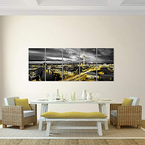 Bilder Stadt Berlin Wandbild 200 x 80 cm - 5 Teilig Vlies - Leinwand Bild XXL Format Wandbilder Wohnzimmer Wohnung Deko Kunstdrucke Gelb Schwarz - MADE IN GERMANY - Fertig zum Aufhängen 004355a
