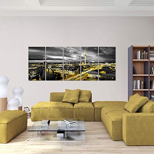 Bilder Stadt Berlin Wandbild 200 x 80 cm - 5 Teilig Vlies - Leinwand Bild XXL Format Wandbilder Wohnzimmer Wohnung Deko Kunstdrucke Gelb Schwarz - MADE IN GERMANY - Fertig zum Aufhängen 004355a
