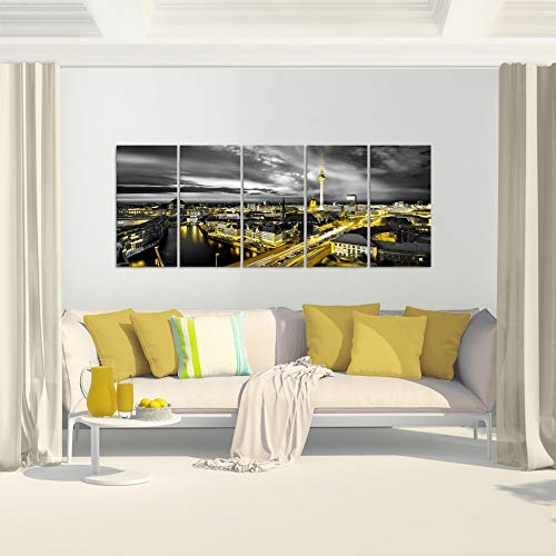 Bilder Stadt Berlin Wandbild 200 x 80 cm - 5 Teilig Vlies - Leinwand Bild XXL Format Wandbilder Wohnzimmer Wohnung Deko Kunstdrucke Gelb Schwarz - MADE IN GERMANY - Fertig zum Aufhängen 004355a