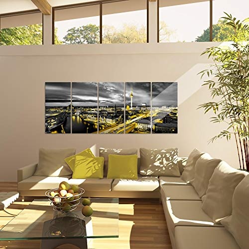 Bilder Stadt Berlin Wandbild 200 x 80 cm - 5 Teilig Vlies - Leinwand Bild XXL Format Wandbilder Wohnzimmer Wohnung Deko Kunstdrucke Gelb Schwarz - MADE IN GERMANY - Fertig zum Aufhängen 004355a