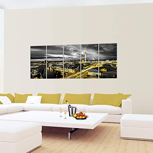 Bilder Stadt Berlin Wandbild 200 x 80 cm - 5 Teilig Vlies - Leinwand Bild XXL Format Wandbilder Wohnzimmer Wohnung Deko Kunstdrucke Gelb Schwarz - MADE IN GERMANY - Fertig zum Aufhängen 004355a