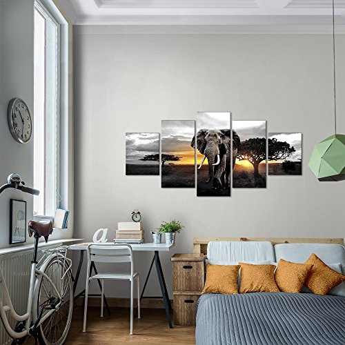 Bilder Afrika Elefant Wandbild 200 x 100 cm Vlies - Leinwand Bild XXL Format Wandbilder Wohnzimmer Wohnung Deko Kunstdrucke Gelb Grau 5 Teilig - MADE IN GERMANY - Fertig zum Aufhängen 001251c