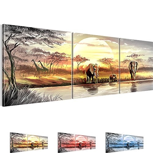 Bilder Afrika Elefant Wandbild 200 x 100 cm Vlies - Leinwand Bild XXL Format Wandbilder Wohnzimmer Wohnung Deko Kunstdrucke Gelb Grau 5 Teilig - MADE IN GERMANY - Fertig zum Aufhängen 000751a