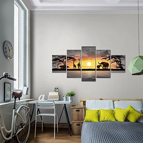 Bilder Afrika Sonnenuntergang Wandbild 200 x 100 cm Vlies - Leinwand Bild XXL Format Wandbilder Wohnzimmer Wohnung Deko Kunstdrucke Gelb Grau 5 Teilig - MADE IN GERMANY - Fertig zum Aufhängen 000251c