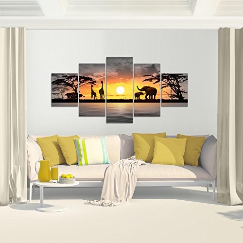 Bilder Afrika Sonnenuntergang Wandbild 200 x 100 cm Vlies - Leinwand Bild XXL Format Wandbilder Wohnzimmer Wohnung Deko Kunstdrucke Gelb Grau 5 Teilig - MADE IN GERMANY - Fertig zum Aufhängen 000251c