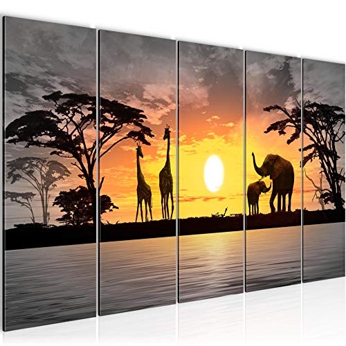 Bilder Afrika Sonnenuntergang Wandbild 150 x 60 cm Vlies - Leinwand Bild XXL Format Wandbilder Wohnzimmer Wohnung Deko Kunstdrucke Gelb 5 Teilig - MADE IN GERMANY - Fertig zum Aufhängen 000256c