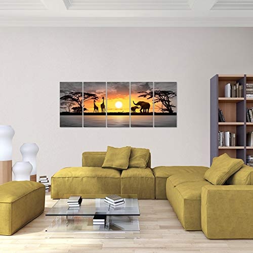 Bilder Afrika Sonnenuntergang Wandbild 150 x 60 cm Vlies - Leinwand Bild XXL Format Wandbilder Wohnzimmer Wohnung Deko Kunstdrucke Gelb 5 Teilig - MADE IN GERMANY - Fertig zum Aufhängen 000256c