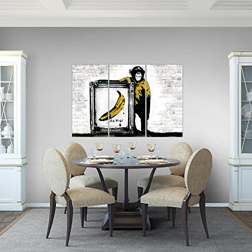 Bilder Affe Bannane Banksy Wandbild 120 x 80 cm - 3 Teilig Vlies - Leinwand Bild XXL Format Wandbilder Wohnzimmer Wohnung Deko Kunstdrucke Gelb Grau - MADE IN GERMANY - Fertig zum Aufhängen 302231b