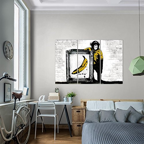 Bilder Affe Bannane Banksy Wandbild 120 x 80 cm - 3 Teilig Vlies - Leinwand Bild XXL Format Wandbilder Wohnzimmer Wohnung Deko Kunstdrucke Gelb Grau - MADE IN GERMANY - Fertig zum Aufhängen 302231b