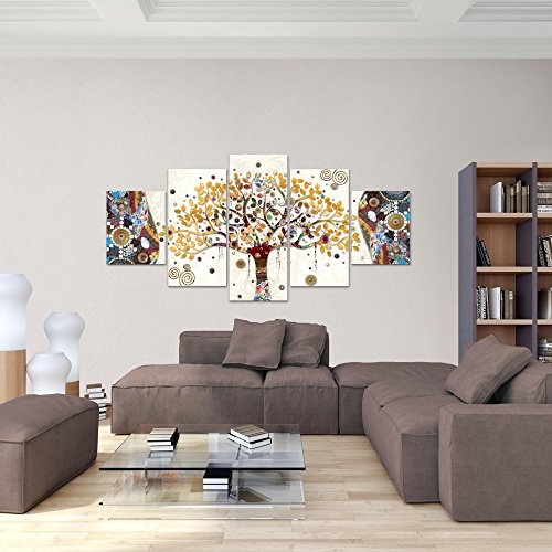 Bilder Gustav Klimt Baum des Lebens Wandbild 200 x 100 cm Vlies - Leinwand Bild XXL Format Wandbilder Wohnzimmer Wohnung Deko Kunstdrucke Gelb 5 Teilig MADE IN GERMANY Fertig zum Aufhängen 004651a