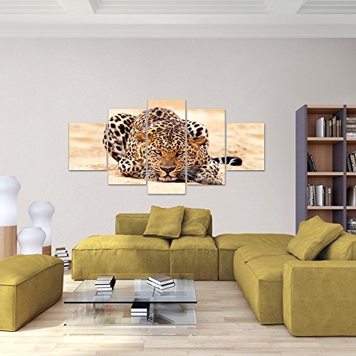 Runa Art Bilder Afrika Leopard Wandbild 200 x 100 cm Vlies - Leinwand Bild XXL Format Wandbilder Wohnzimmer Wohnung Deko Kunstdrucke Gelb 5 Teilig - Made IN Germany - Fertig zum Aufhängen 000351b