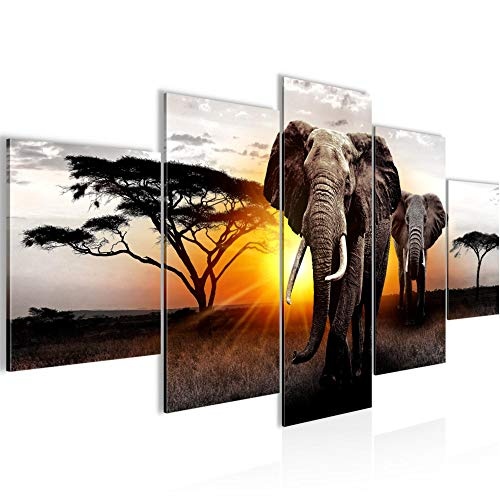 Bilder Afrika Elefant Wandbild 150 x 75 cm Vlies - Leinwand Bild XXL Format Wandbilder Wohnzimmer Wohnung Deko Kunstdrucke Gelb 5 Teilig - MADE IN GERMANY - Fertig zum Aufhängen 007653a