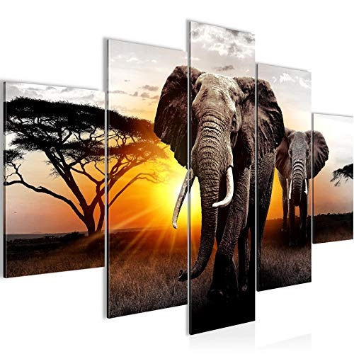 Bilder Afrika Elefant Wandbild 150 x 75 cm Vlies - Leinwand Bild XXL Format Wandbilder Wohnzimmer Wohnung Deko Kunstdrucke Gelb 5 Teilig - MADE IN GERMANY - Fertig zum Aufhängen 007653a