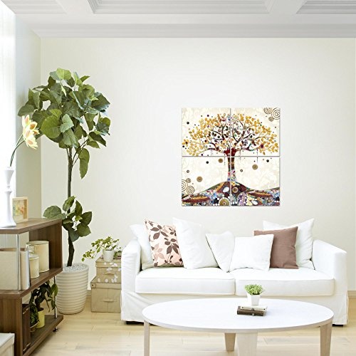 Bilder Gustav Klimt - Baum des Lebens Wandbild 80 x 80 cm Vlies - Leinwand Bild XXL Format Wandbilder Wohnzimmer Wohnung Deko Kunstdrucke Gelb 4 Teilig - MADE IN GERMANY - Fertig zum Aufhängen 004643a