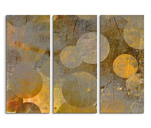 3x40x90cm (Gesamt:130x90cm) 3teiliges Bild auf Leinwand Hintergrund abstrakt grunge Kreise grau gelb Wandbild auf Leinwand als Panorama