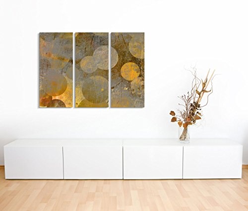3x40x90cm (Gesamt:130x90cm) 3teiliges Bild auf Leinwand Hintergrund abstrakt grunge Kreise grau gelb Wandbild auf Leinwand als Panorama