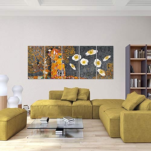 Bilder Gustav Klimt der Kuss Wandbild 200 x 80 cm Vlies - Leinwand Bild XXL Format Wandbilder Wohnzimmer Wohnung Deko Kunstdrucke Gelb 5 Teilig - MADE IN GERMANY - Fertig zum Aufhängen 021555c