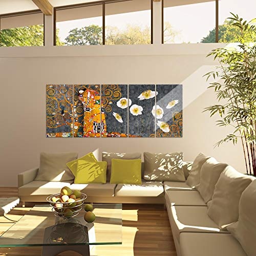 Bilder Gustav Klimt der Kuss Wandbild 200 x 80 cm Vlies - Leinwand Bild XXL Format Wandbilder Wohnzimmer Wohnung Deko Kunstdrucke Gelb 5 Teilig - MADE IN GERMANY - Fertig zum Aufhängen 021555c