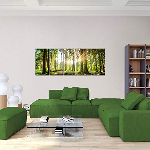Bilder Wald Landschaft Wandbild 150 x 60 cm Vlies - Leinwand Bild XXL Format Wandbilder Wohnzimmer Wohnung Deko Kunstdrucke Grün 5 Teilig - MADE IN GERMANY - Fertig zum Aufhängen 503856b