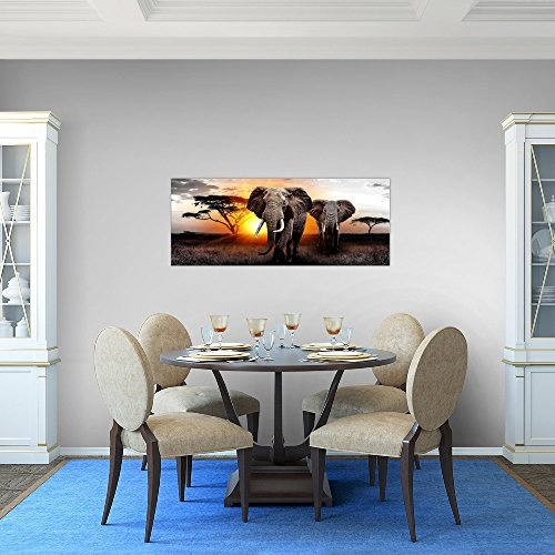 Bilder Afrika Elefant Wandbild 100 x 40 cm Vlies - Leinwand Bild XXL Format Wandbilder Wohnzimmer Wohnung Deko Kunstdrucke Gelb 1 Teilig - Made IN Germany - Fertig zum Aufhängen 007612a
