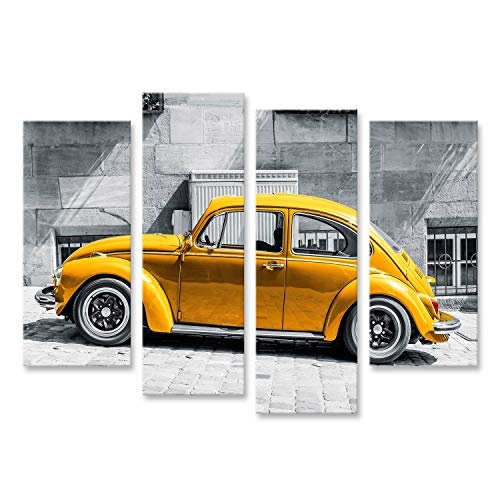 Bild Bilder auf Leinwand VW Käfer Vintage Beetle Gelb vor Schwarz Weißem Hintergrund Wandbild, Poster, Leinwandbild MRR