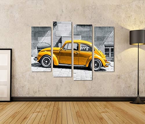Bild Bilder auf Leinwand VW Käfer Vintage Beetle Gelb vor Schwarz Weißem Hintergrund Wandbild, Poster, Leinwandbild MRR