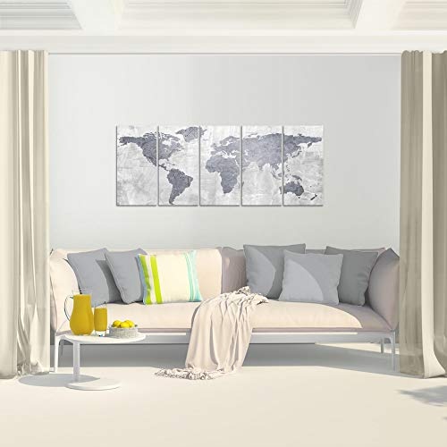 Bilder Weltkarte World map Wandbild 150 x 60 cm Vlies - Leinwand Bild XXL Format Wandbilder Wohnzimmer Wohnung Deko Kunstdrucke Grau 5 Teilig - MADE IN GERMANY - Fertig zum Aufhängen 104356c