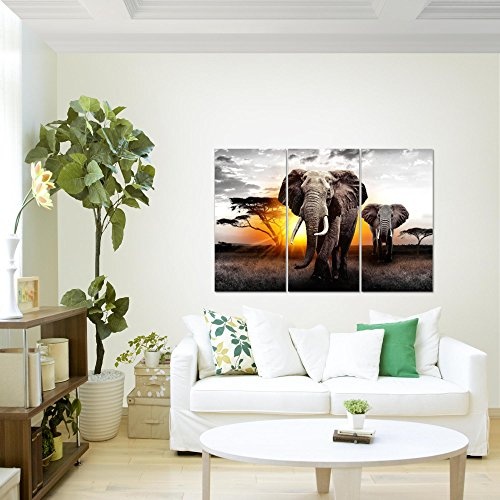Bilder Afrika Elefant Wandbild 120 x 80 cm - 3 Teilig Vlies - Leinwand Bild XXL Format Wandbilder Wohnzimmer Wohnung Deko Kunstdrucke Gelb Grau - MADE IN GERMANY - Fertig zum Aufhängen 007631a