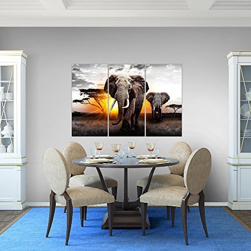 Bilder Afrika Elefant Wandbild 120 x 80 cm - 3 Teilig Vlies - Leinwand Bild XXL Format Wandbilder Wohnzimmer Wohnung Deko Kunstdrucke Gelb Grau - MADE IN GERMANY - Fertig zum Aufhängen 007631a