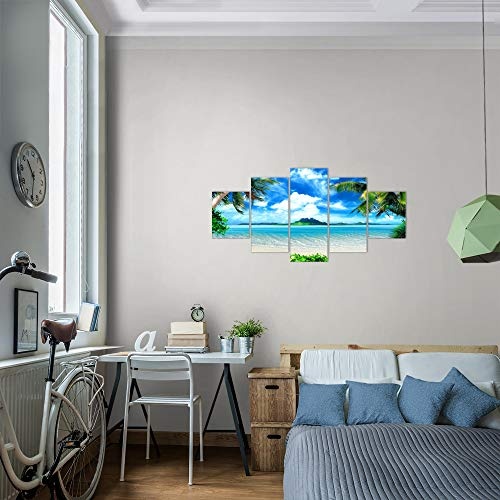 Bilder Strand Palmen Wandbild 150 x 75 cm Vlies - Leinwand Bild XXL Format Wandbilder Wohnzimmer Wohnung Deko Kunstdrucke Blau 5 Teilig - MADE IN GERMANY - Fertig zum Aufhängen 603353a