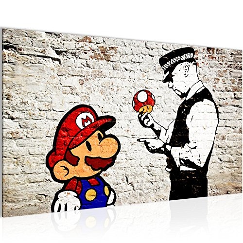 Bild Mario and Cop Banksy Ziegel Mauer Wandbild Vlies - Leinwand Bilder XXL Format Wandbilder Wohnzimmer Wohnung Deko Kunstdrucke Gelb 1 Teilig - MADE IN GERMANY - Fertig zum Aufhängen 303014a