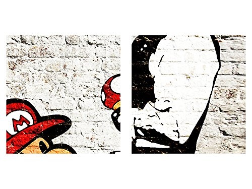 Bild Mario and Cop Banksy Ziegel Mauer Wandbild Vlies - Leinwand Bilder XXL Format Wandbilder Wohnzimmer Wohnung Deko Kunstdrucke Gelb 1 Teilig - MADE IN GERMANY - Fertig zum Aufhängen 303014a