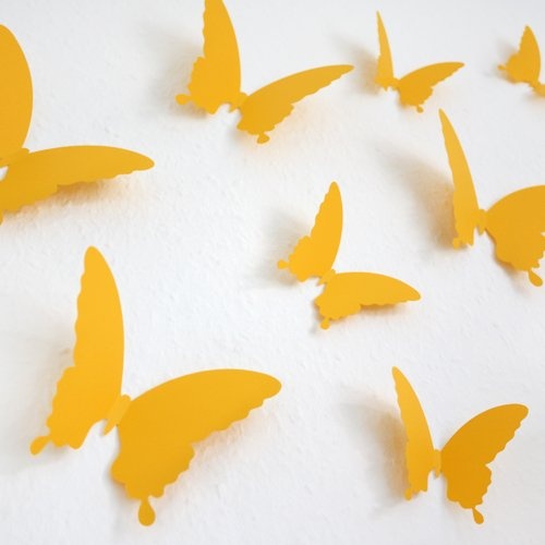 Wandkings Schmetterlinge im 3D-Style in GELB, 12 Stück, Wanddekoration mit Klebepunkten zur Fixierung
