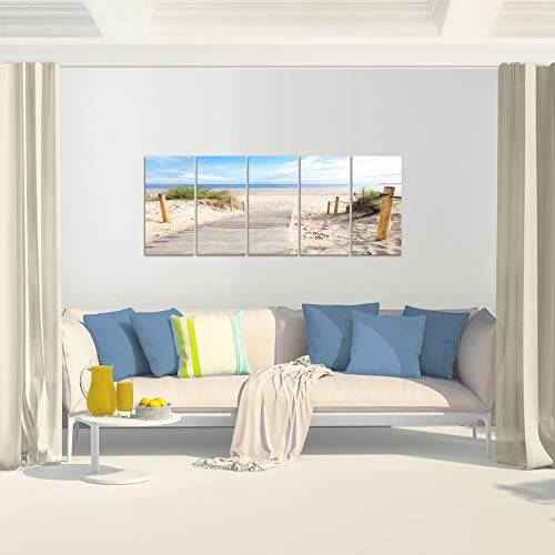 Bilder Strand Meer Wandbild 150 x 60 cm Vlies - Leinwand Bild XXL Format Wandbilder Wohnzimmer Wohnung Deko Kunstdrucke Blau 5 Teilig - MADE IN GERMANY - Fertig zum Aufhängen 607356b