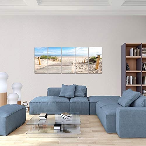 Bilder Strand Meer Wandbild 150 x 60 cm Vlies - Leinwand Bild XXL Format Wandbilder Wohnzimmer Wohnung Deko Kunstdrucke Blau 5 Teilig - MADE IN GERMANY - Fertig zum Aufhängen 607356b