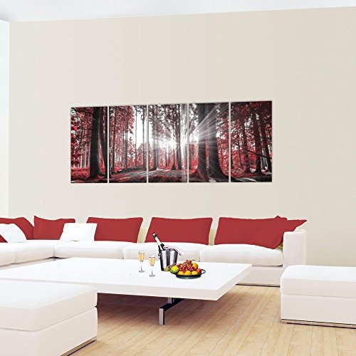 Bilder Wald Landschaft Wandbild 200 x 80 cm Vlies - Leinwand Bild XXL Format Wandbilder Wohnzimmer Wohnung Deko Kunstdrucke Rot 5 Teilig - MADE IN GERMANY - Fertig zum Aufhängen 503855c