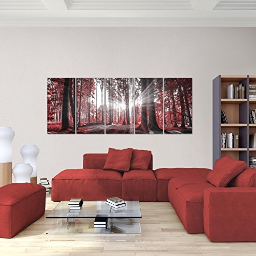 Bilder Wald Landschaft Wandbild 200 x 80 cm Vlies - Leinwand Bild XXL Format Wandbilder Wohnzimmer Wohnung Deko Kunstdrucke Rot 5 Teilig - MADE IN GERMANY - Fertig zum Aufhängen 503855c