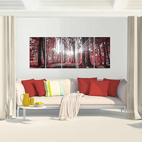Bilder Wald Landschaft Wandbild 200 x 80 cm Vlies - Leinwand Bild XXL Format Wandbilder Wohnzimmer Wohnung Deko Kunstdrucke Rot 5 Teilig - MADE IN GERMANY - Fertig zum Aufhängen 503855c