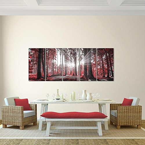 Bilder Wald Landschaft Wandbild 200 x 80 cm Vlies - Leinwand Bild XXL Format Wandbilder Wohnzimmer Wohnung Deko Kunstdrucke Rot 5 Teilig - MADE IN GERMANY - Fertig zum Aufhängen 503855c