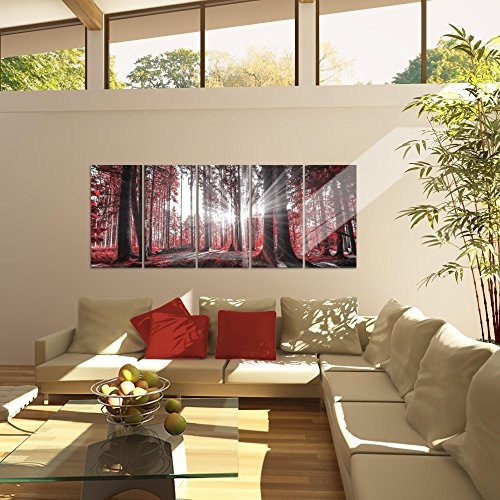 Bilder Wald Landschaft Wandbild 200 x 80 cm Vlies - Leinwand Bild XXL Format Wandbilder Wohnzimmer Wohnung Deko Kunstdrucke Rot 5 Teilig - MADE IN GERMANY - Fertig zum Aufhängen 503855c