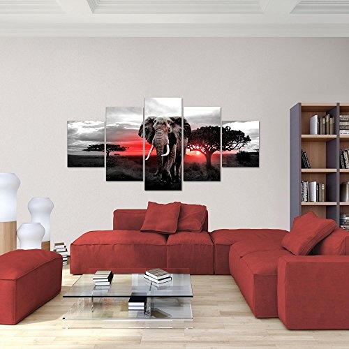 Bilder Afrika Elefant Wandbild 200 x 100 cm Vlies - Leinwand Bild XXL Format Wandbilder Wohnzimmer Wohnung Deko Kunstdrucke Rot 5 Teilig - Made IN Germany - Fertig zum Aufhängen 001251b