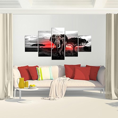 Bilder Afrika Elefant Wandbild 200 x 100 cm Vlies - Leinwand Bild XXL Format Wandbilder Wohnzimmer Wohnung Deko Kunstdrucke Rot 5 Teilig - Made IN Germany - Fertig zum Aufhängen 001251b