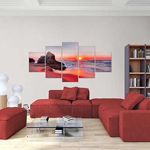 Bilder Sonnenaufgang Strand Wandbild 200 x 100 cm Vlies - Leinwand Bild XXL Format Wandbilder Wohnzimmer Wohnung Deko Kunstdrucke Rot 5 Teilig - MADE IN GERMANY - Fertig zum Aufhängen 609551b