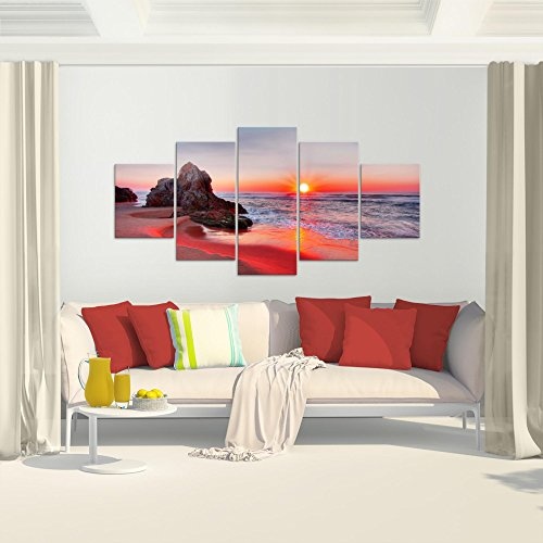 Bilder Sonnenaufgang Strand Wandbild 200 x 100 cm Vlies - Leinwand Bild XXL Format Wandbilder Wohnzimmer Wohnung Deko Kunstdrucke Rot 5 Teilig - MADE IN GERMANY - Fertig zum Aufhängen 609551b