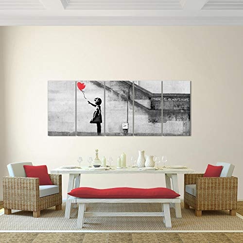 Bilder Banksy - Ballon Girl Wandbild 200 x 80 cm Vlies - Leinwand Bild XXL Format Wandbilder Wohnzimmer Wohnung Deko Kunstdrucke Rot 5 Teilig - MADE IN GERMANY - Fertig zum Aufhängen 301655a