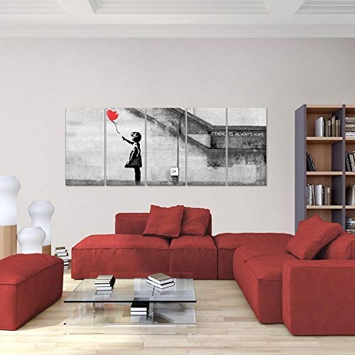 Bilder Banksy - Ballon Girl Wandbild 200 x 80 cm Vlies - Leinwand Bild XXL Format Wandbilder Wohnzimmer Wohnung Deko Kunstdrucke Rot 5 Teilig - MADE IN GERMANY - Fertig zum Aufhängen 301655a