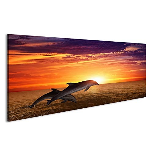 islandburner Bild Bilder auf Leinwand Marine Leben Hintergrund - Springen Delfine, schöne rote Sonnenuntergang am Meer Wandbild, Poster, Leinwandbild EPO