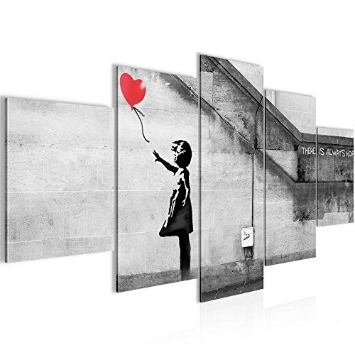 Bilder Banksy Ballon Girl Wandbild 200 x 100 cm Vlies - Leinwand Bild XXL Format Wandbilder Wohnzimmer Wohnung Deko Kunstdrucke Rot Grau 5 Teilig - MADE IN GERMANY - Fertig zum Aufhängen 301651a